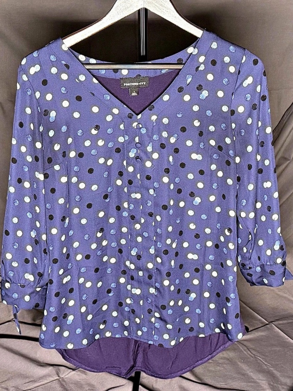 Fortune + Ivy Polka Dot Tie-Sleeve V-Neck Blouse (Small)